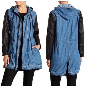 Blank NYC Blue Denim Jacket with Black Faux Leather Sleeves